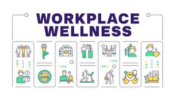 Workplace wellness blue word concept isolated on white. Health promotion activities, fitness. Creative illustration banner surrounded by editable line colorful icons vector