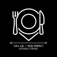 Restaurant cutlery place setting pixel perfect white linear icon for dark theme. Customer service. Cooking equipment. Thin line illustration. Isolated symbol for night mode. Editable stroke vector