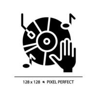 Vinyl music record pixel perfect black glyph icon. Old school sound system. Vintage audio. Disco entertainment. Silhouette symbol on white space. Solid pictogram. Isolated illustration vector