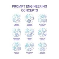 Prompt engineering blue gradient concept icons. Design instructions for ai model. Test and optimize tasks. Chatbot interaction. Icon pack. Round shape illustrations. Abstract idea vector