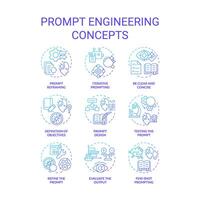 Prompt engineering blue gradient concept icons. Design instructions for ai model. Test and optimize tasks. Chatbot interaction. Icon pack. Round shape illustrations. Abstract idea vector