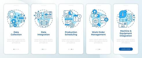 Production optimization blue onboarding mobile app screen. Walkthrough 5 steps editable graphic instructions with linear concepts. UI, UX, GUI template vector
