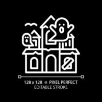 Haunted house pixel perfect white linear icon for dark theme. Thematical park attraction. Supernatural entertainment. Thin line illustration. Isolated symbol for night mode. Editable stroke vector