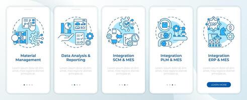 MES integration blue onboarding mobile app screen. Walkthrough 5 steps editable graphic instructions with linear concepts. UI, UX, GUI template vector