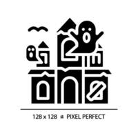 Haunted house pixel perfect black glyph icon. Halloween castle, thematical park attraction. Supernatural entertainment. Silhouette symbol on white space. Solid pictogram. Isolated illustration vector