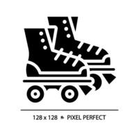 Disco roller skates pixel perfect black glyph icon. Old fashioned. Skating equipment. Funky party, retro footwear. Silhouette symbol on white space. Solid pictogram. Isolated illustration vector