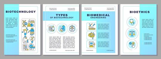 Biotechnology blue brochure template. Biomedical engineering. Leaflet design with linear icons. Editable 4 layouts for presentation, annual reports vector