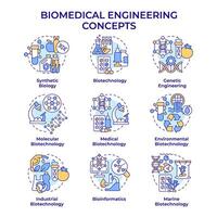 Biomedical engineering multi color concept icons. Biotech fields. Academic disciplines. Icon pack. Round shape illustrations. Abstract idea. Easy to use in presentation vector