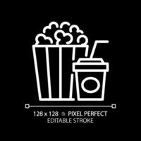 Movie popcorn bucket pixel perfect white linear icon for dark theme. Cinema snack, theatre treats. Junk food, striped box. Thin line illustration. Isolated symbol for night mode. Editable stroke vector