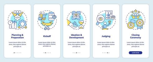 Hackathon process structure onboarding mobile app screen. Walkthrough 5 steps editable graphic instructions with linear concepts. UI, UX, GUI template vector