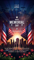 A poster for Memorial Day featuring two American flags and a city skyline psd