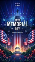 A poster for Memorial Day with a man in a statue and American flags psd