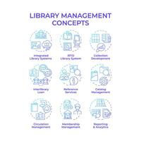 Library management blue gradient concept icons. RFID technology, book circulation. Customer service. Icon pack. Round shape illustrations for article, blog post. Abstract idea vector