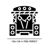 Music festival pixel perfect black glyph icon. Concert stage. Stereo music. Audio performance. Nightlife activity. Silhouette symbol on white space. Solid pictogram. Isolated illustration vector