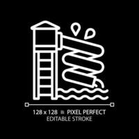 Waterslide pixel perfect white linear icon for dark theme. Aqua park attraction. Leisure activity. Water playground. Thin line illustration. Isolated symbol for night mode. Editable stroke vector