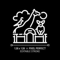 Zoo life exhibition pixel perfect white linear icon for dark theme. Zoological park, wildlife preservation. Animal habitats. Thin line illustration. Isolated symbol for night mode. Editable stroke vector