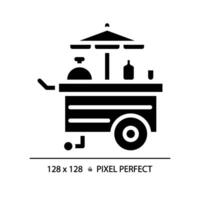 Food cart amusement pixel perfect black glyph icon. Carnival popcorn stand. Mobile kitchen, fastfood business. Silhouette symbol on white space. Solid pictogram. Isolated illustration vector