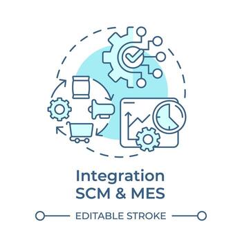 integración scm y mes suave azul concepto icono. fabricación ejecución sistemas fábrica automatización. redondo forma línea ilustración. resumen idea. gráfico diseño. fácil a utilizar en infografía, artículo vector