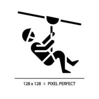 Zip line ride pixel perfect black glyph icon. Dangerous sport attraction. Extreme activity. Outdoor adventure. Silhouette symbol on white space. Solid pictogram. Isolated illustration vector