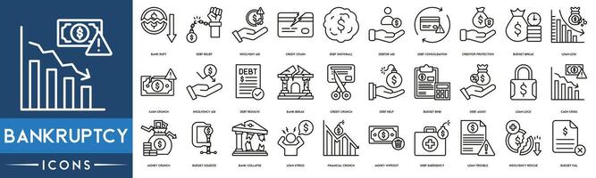 Bankruptcy icon. Debt Relief, Insolvent Aid, Credit Crash, Debt Snowball, Debtor Aid, Debt Consolidation, Creditor Protection, Budget Break, Loan Loss icon vector