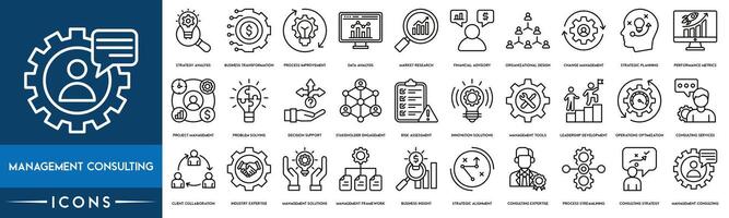 Management Consulting icon. Strategy Analysis, Business Transformation, Process Improvement, Data Analysis, Market Research, Financial Advisory, Organizational Design, and Change Management icon vector