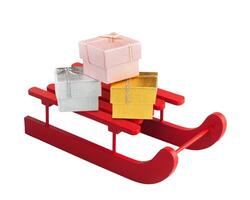 Wooden red sled with gift boxes photo