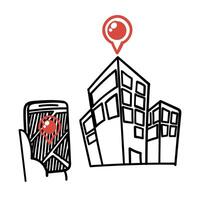 hand drawn doodle finding hotel location from mobile illustration vector