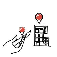hand drawn doodle finding hotel location from mobile illustration vector