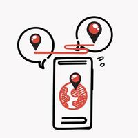 hand drawn doodle geo location on mobile with globe and gps on mobile illustration vector