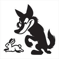 A mischievous wolf with rabbit illustration in black and white vector