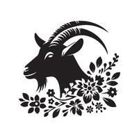 A goat with a flower illustration in black and white vector