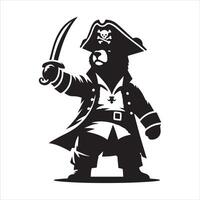 A pirate Bear with a tiny hat and sword illustration in black and white vector