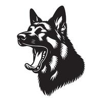 illustration of a Yawning pose German Shepherd face face in black and white vector