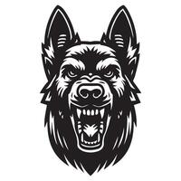 Angry German Shepherd face illustration in black and white vector