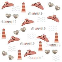 Summer time pattern include sun glasses, lighthouse, waves, summer hat on white background vector