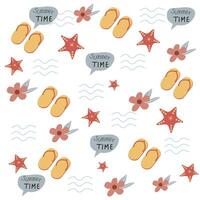 Summer time pattern include flip plop, flowers, star fish and waves on white background vector