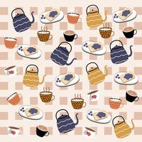 Tea pot, coffee, milk, tea cup and sliced bread pattern. Breakfast pattern, pastry pattern for wallpaper, surface design and fabric pattern vector