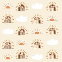 Cloud, ach, sun pattern on yellow background, boho pattern vector