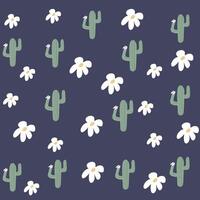 Hand drawn cactus and white flowers pattern on dark blue background vector