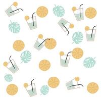 Summer pattern include monstera leaves, lemon and glass of water on white background vector