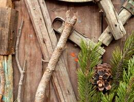 Christmas fir tree on a wooden background photo