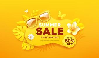 verano venta, Gafas de sol con flor tropical amarillo hoja, mariposa papel cortar, diseño en amarillo antecedentes vector