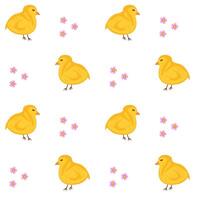 Seamless Pattern with Yellow Chickens and Pink Flowers vector