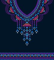 Neck design with colorful floral and jewelry motifs on dark blue background. vector