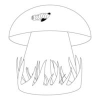 Mushroom in the grass with a worm on the cap. Autumn Season. Cute fall coloring pages for kids. Contour drawing vector