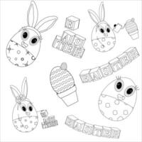 Anthropomorphic Easter egg babies with bunny ears, smiling. Childrens blocks with the word Easter. Cute Easter coloring pages for kids. vector