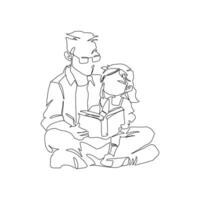 Continuous single drawn, one line dad and daughter reading book, parent love kid, line art illustration for fathers day decoration vector