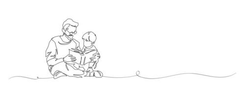 continuo soltero dibujado, uno línea papá y hijo leyendo libro, padre amor niño, línea Arte ilustración para padres día decoración vector