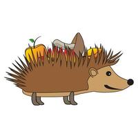 Autumn hedgehog with apple, fall leaves and mushroom, fall. Color drawing vector