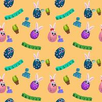 Anthropomorphic Easter smiling egg babies. Babies with bunny ears. Cubes with Easter inscription. Orange background. seamless colored pattern vector